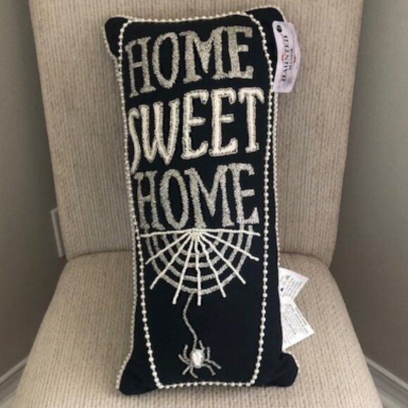 Haunted Manor Home Sweet Home Beaded Halloween Throw Pillow 19x8 Black Silver - Picture 1 of 6